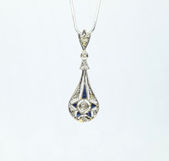 Art Deco Sapphire Diamond Drop Pendant 18K Yellow Gold – 751