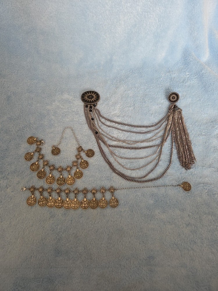 Vintage Bohemian Silver-Toned Coin Bracelet Anklet Dangle Charm ADJ. & Broach.