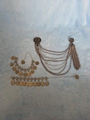 Vintage Bohemian Silver-Toned Coin Bracelet Anklet Dangle Charm ADJ. & Broach.