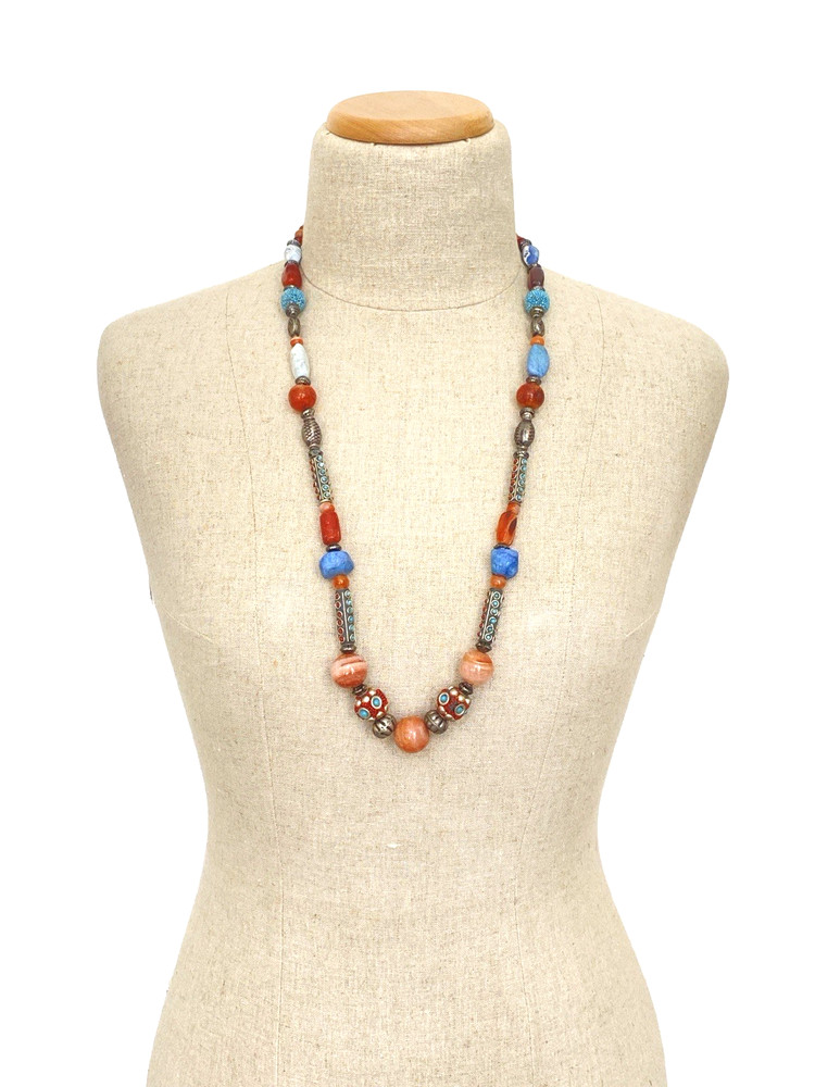 Vintage Himalayan Nepal Tibetan Necklace Turquoise Agate Carnelian Beads 32″