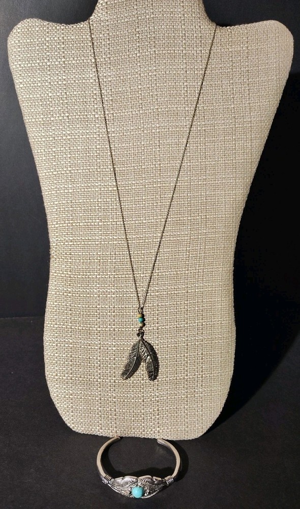 Double Feather Pendant Necklace 13″ Silver Turquoise Native American + Bracelet