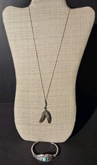 Double Feather Pendant Necklace 13″ Silver Turquoise Native American + Bracelet