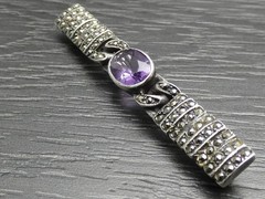 Vintage Sterling Silver Unique Oval Purple Stone Marcasite Bar Brooch Pin