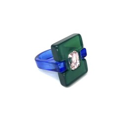 Modernist Lucite Ring Blue Green Rhinestone Sz 7.25 Statement Chunky Post Modern