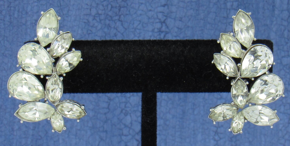Signed Givenchy EARRINGS New York Paris Clear Crystal Rhinestone Hinged Clip On