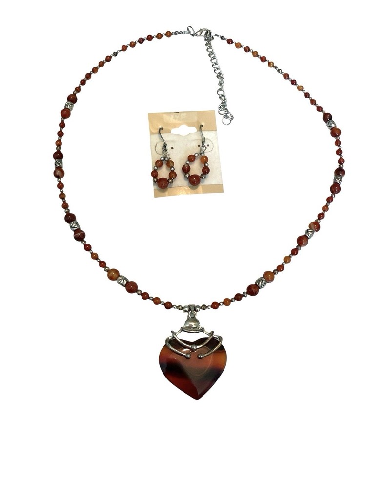 Red Stone Silver Tone Heart Necklace Earring Set Gothic Artsy Style