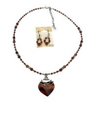 Red Stone Silver Tone Heart Necklace Earring Set Gothic Artsy Style