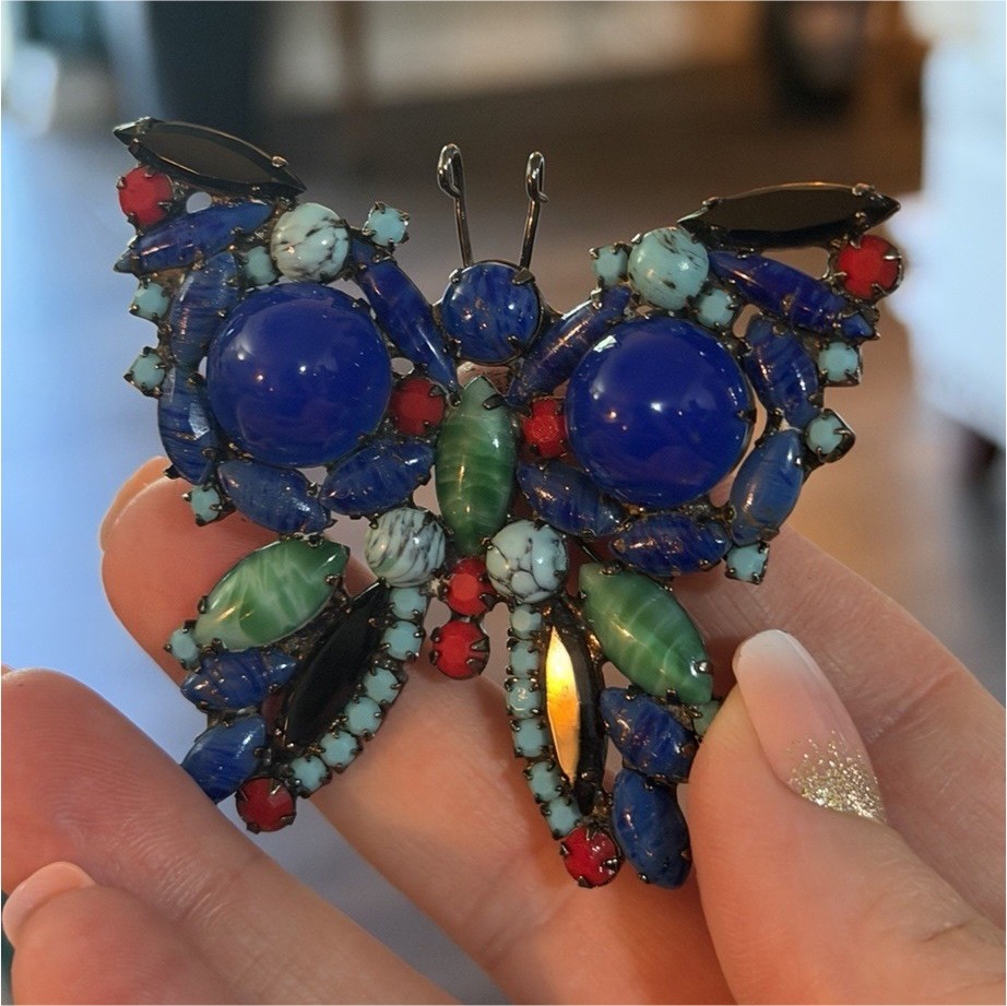 Verified Juliana D&E Butterfly Brooch Black Japanned Blue Art Glass Rare
