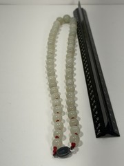Vintage Chinese Red Knot Celadon Jade Bead Necklace 24” W/ Silver Clasp
