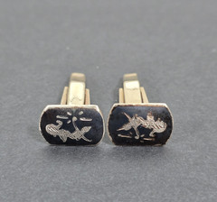 VINTAGE SIAM STERLING SILVER NIELLO TIE BAR & CUFFLINKS SET GODDESS DANCERS 925