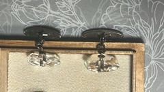 Vintage Rock Crystal Cufflinks “Hexagon” W/Original Wooden Box/unmarked/silver