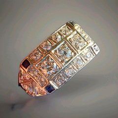 Original EARTH MINED DIAMOND Deco Statement Ring PLATINUM Sapphire 14K GOLD Band