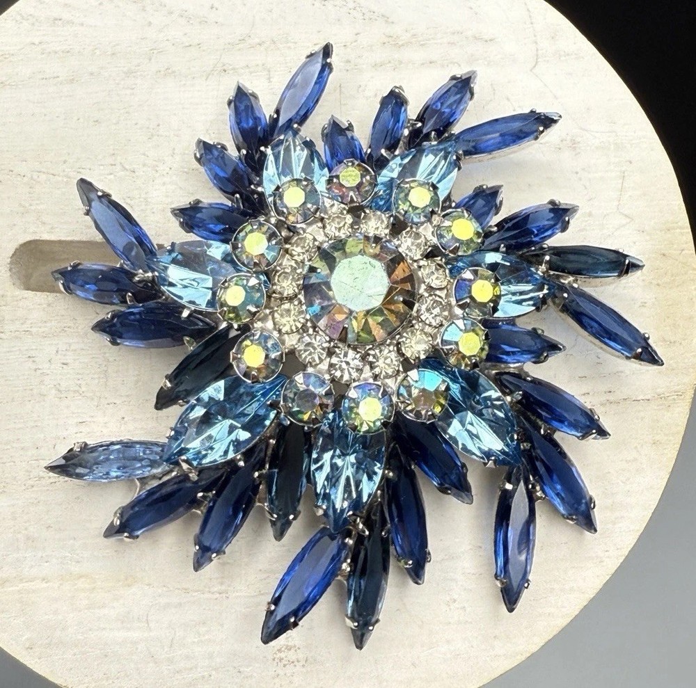 Juliana D&E BOOK PIECE Brooch Multi Blue Navettes w/AB & Clear Rhinestones 2.6”