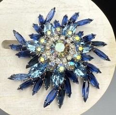Juliana D&E BOOK PIECE Brooch Multi Blue Navettes w/AB & Clear Rhinestones 2.6”