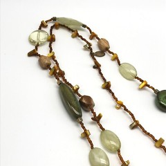 Vintage Green Glass Stone & Mother Of Pearl Beaded Long Strand Necklace 46″