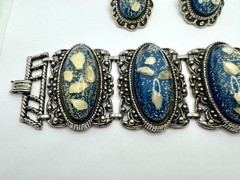 Vintage SELRO SELINI Blue Gold Confetti Lucite Silver Panel Bracelet & Earrings