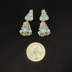 Vintage Turquoise Silver Tone Dangle Bell Heart Clip On Earrings