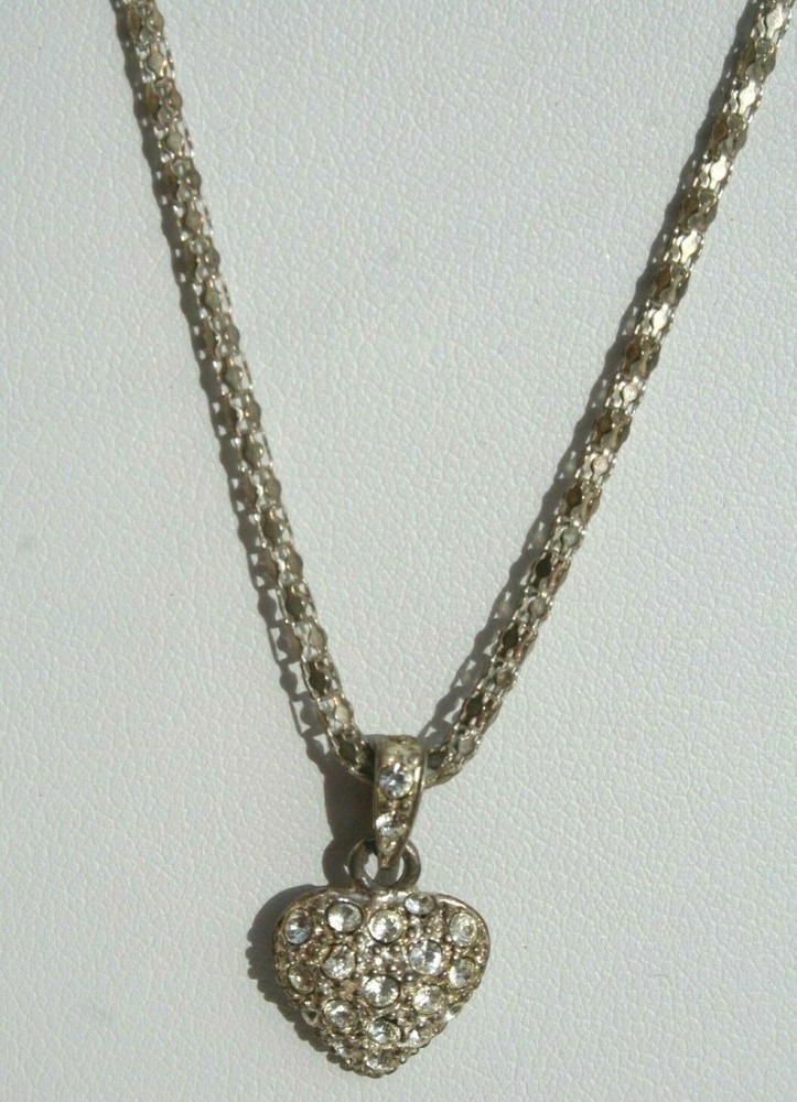 vtg Pave Crystal Necklace Heart Rhinestone Pendant Silver Tone Chain 18″