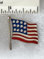 Enamel and Crystal American Flag Lapel Pin Brooch Silver Tone