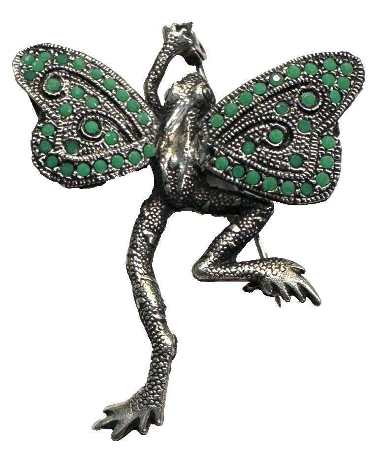 D. Pollak Mystical Dancing Frog Dragonfly Green Stone Brooch Pins J-1550