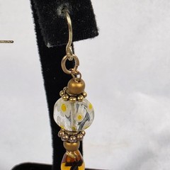 Dangle Earrings Yellow & White Lampwork Glass Beads Amber Teardrop Bead Accents