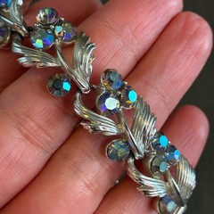 Vintage Rhinestone Bracelet Lisner Aurora Borealis Silver Tone Leaf Design