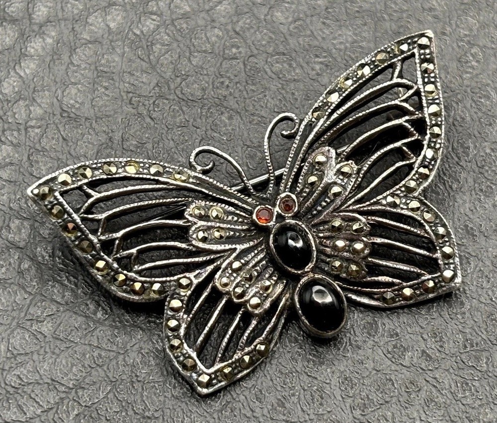 VTG Sterling Silver “IL” Maker Butterfly Brooch Marcasite Black Onyx Deco Style
