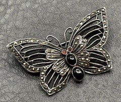 VTG Sterling Silver “IL” Maker Butterfly Brooch Marcasite Black Onyx Deco Style
