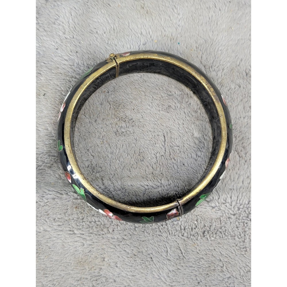 Vintage Cloisonne Enamel Floral Bangle Bracelet Black Gold Hinged Box Clasp 2.25
