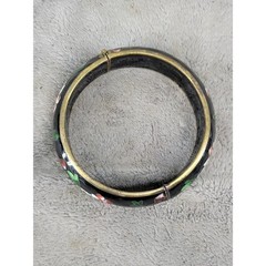 Vintage Cloisonne Enamel Floral Bangle Bracelet Black Gold Hinged Box Clasp 2.25