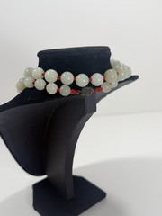 Vintage Chinese Red Knot Celadon Jade Bead Necklace 24” W/ Silver Clasp