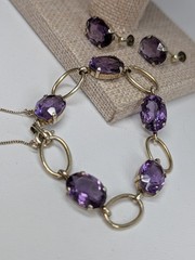835 Silver Amethyst Bracelet Earring Set 7″ Mid Century Screw Back