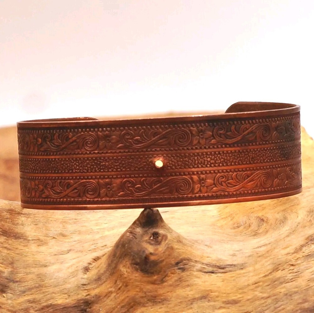 Vintage Solid Copper Cuff Art Nouveau Style Scroll Work W/ Flowers 7″ Adjustable