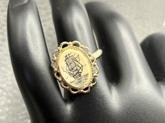 Vintage Ship Gold Tone Filigree Sea Nautical Painted Resin Oval Statement Size 6