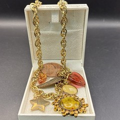 Vintage Brassy-Bronzy Chain Necklace of Mixed Metals: Heart, Bird, Angel Wing