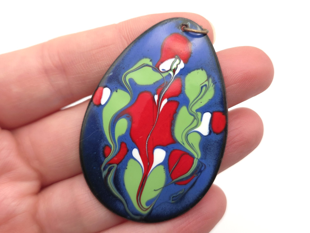 Vintage Mid Century MCM Colorful Red Green Blue Enamel Copper Teardrop Pendant