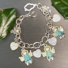 Love Hope Faith Angels Mother of Pearl Hearts Vintage Charm Blue Enamel Bracelet