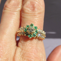 ANTIQUE BRISTOL 14K YELLOW GOLD TIERED EMERALD DIAMOND CLUSTER HALO RING