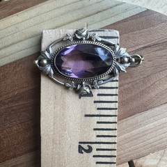 Antique Art Nouveau Pendant 2 Inch Roses Purple Faceted Mn Glass Glows Gold Fill