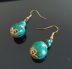 Vintage Malachite Dangle Earrings Gold Tone Large Green Bead Statement Pierced