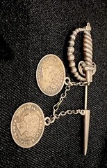 Antique c1900 Sterling Silver Sword Brooch Victorian Canadian Coins 2-1/4” 6.3g