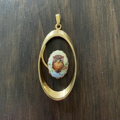 Vintage Gold Tone Elongated Oval Porcelain Pendant With Owl Painting Signed M.A.