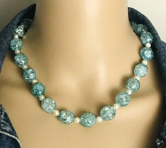 Vintage Blue Crackle Glass Cultured Pearl Bead Necklace 19″