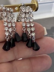 VTG BLACK JET & CLEAR RHINESTONE WATERFALL BROOCH & EARRINGS SET