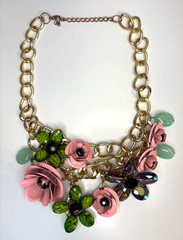 Unique Spring Statement Pink, Green, Purple Flowers Metal & Resin Necklace