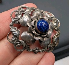 Vtg 800 Silver Made in Israel Blue Art Glass Flower Brooch Pin Trombone Clasp