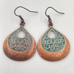 Vintage Copper & Bronze Tone Teardrop Earring Lot 3 Pair Filigree Patina Set