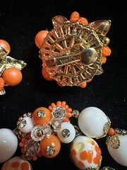 Vintage Vendome Necklace Earrings Orange, White And Gold Plated Unique Beads 15”