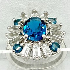 Sterling Deco Atomic Starburst Cocktail Ring London Blue Topaz White Topaz SZ 6