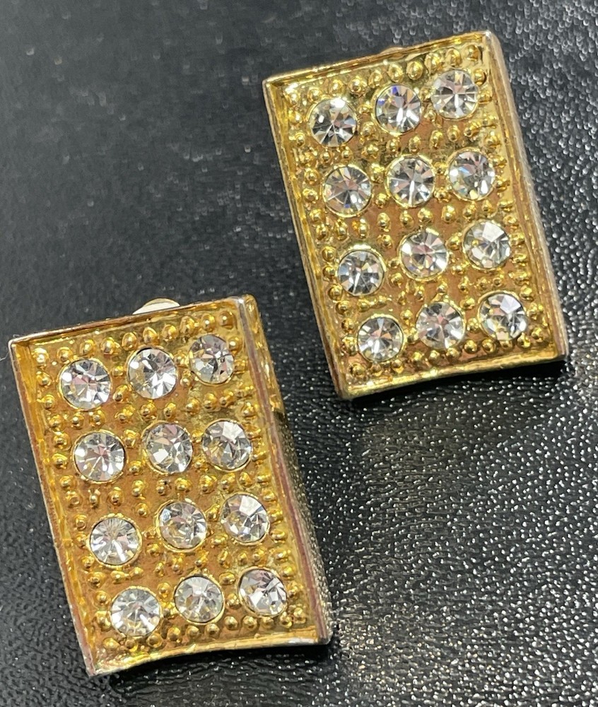 Vintage 1.1” Crystal Rhinestone Gold Tone Metal Rectangle Clip Earrings